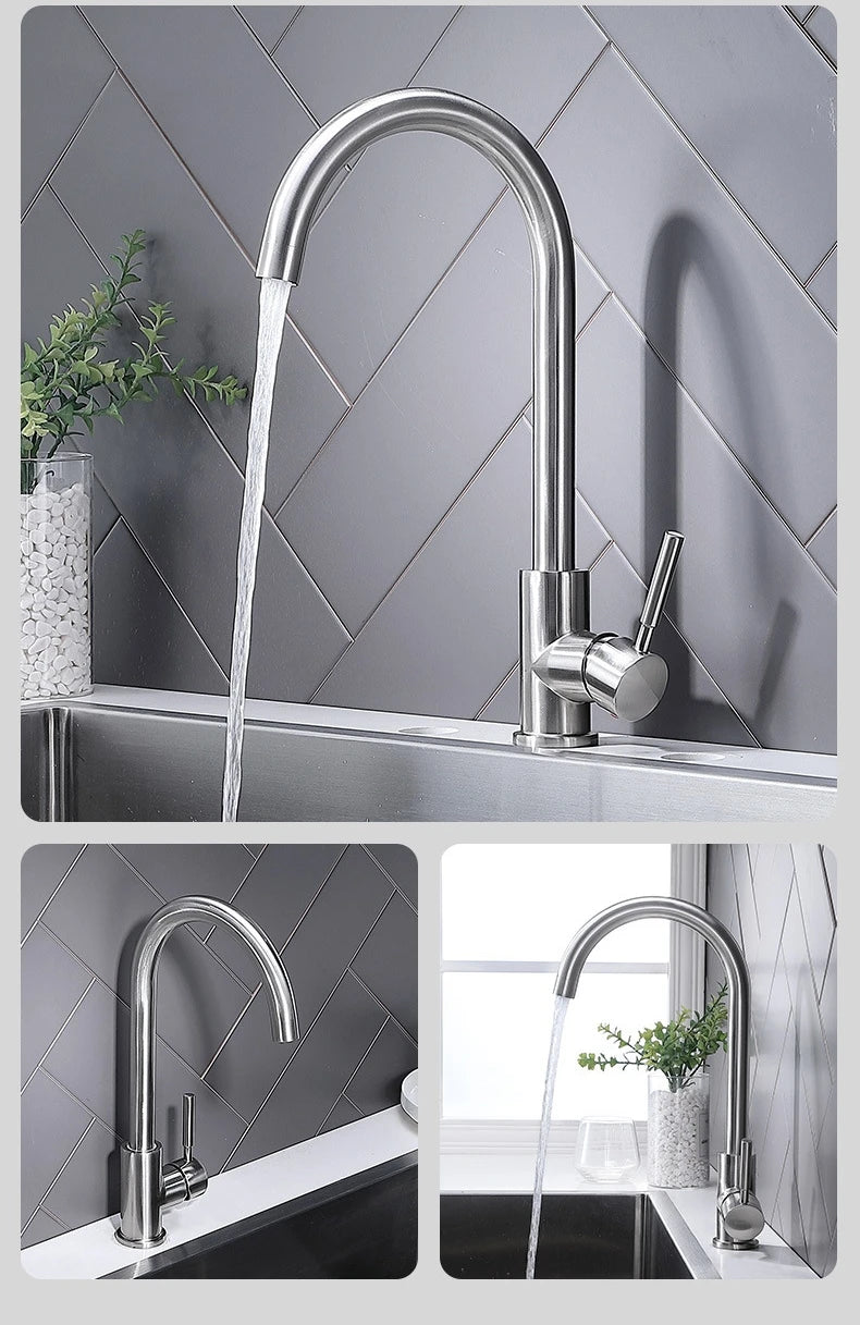 304 Stainless Steel Kitchen Faucet  Hot and Cold Water Mixer  360 degree rotation Basin installation Comes with 60cm hose