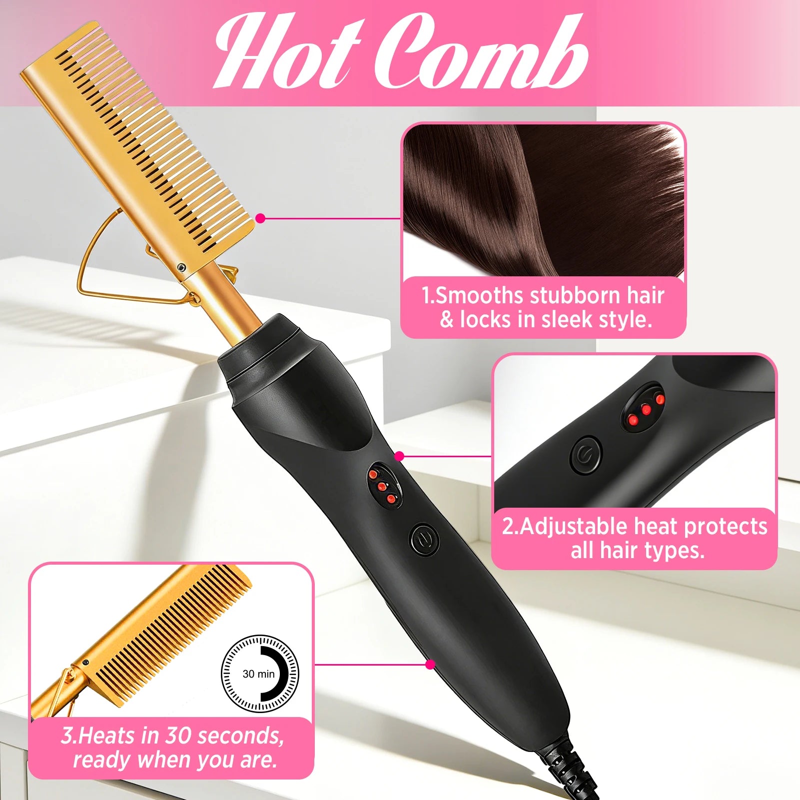 GOIPLE Electrical Heat Hair Straightener Hot Pressing Brush Styling Tool for Lace Front Wig Glue Hair Wax Stick Melting Spray