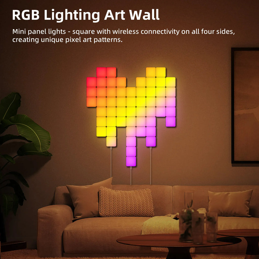 Smart Grid LED Wall Light Kit - RGB Color Changing with App & Music Control, DIY Creative Backlit Panels for Gaming Room & Bedro