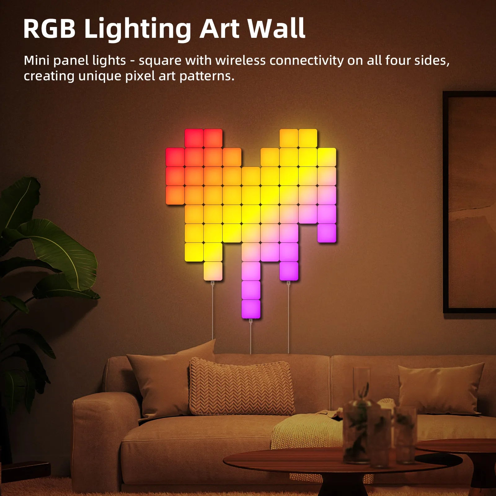 Smart Grid LED Wall Light Kit - RGB Color Changing with App & Music Control, DIY Creative Backlit Panels for Gaming Room & Bedro