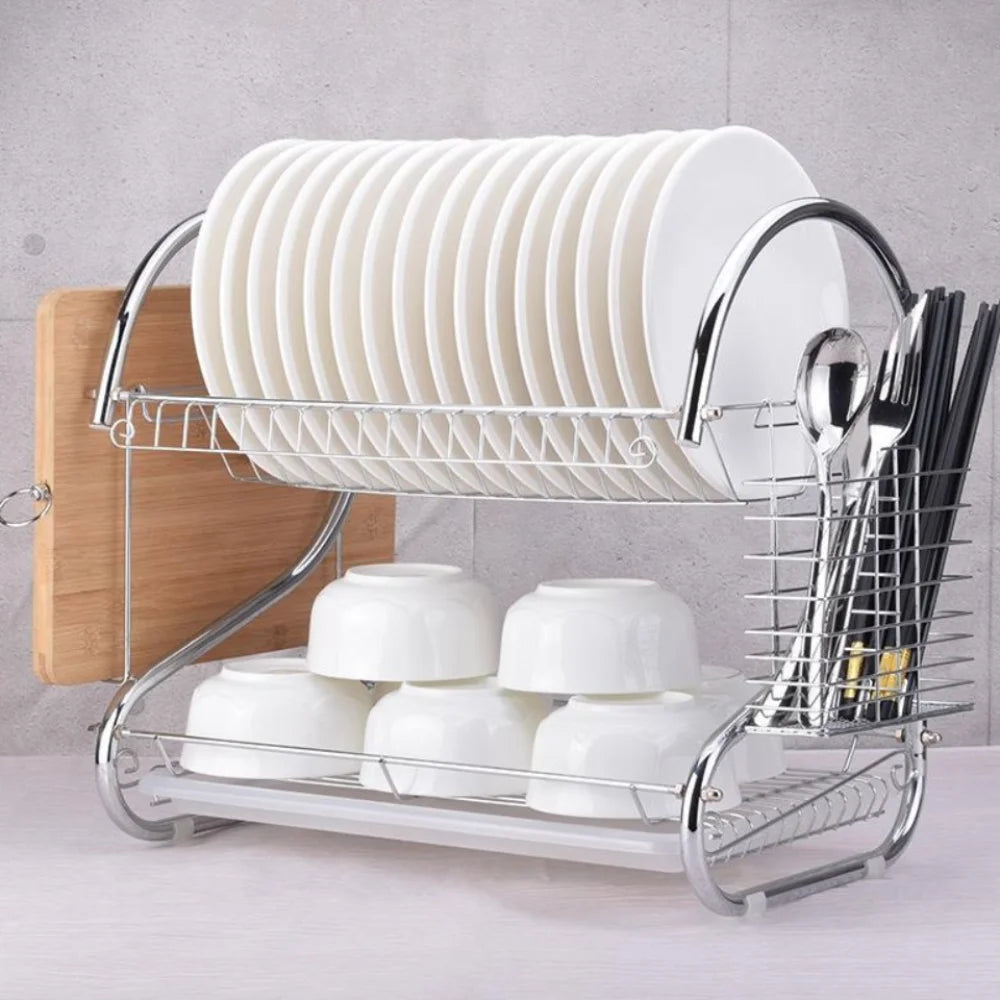 Kitchen Cutlery Organizer 2 Tier S-Shaped Dish Drainer Space-saving Metal Dish Drying Rack Stable Cup Drainer Chopsticks