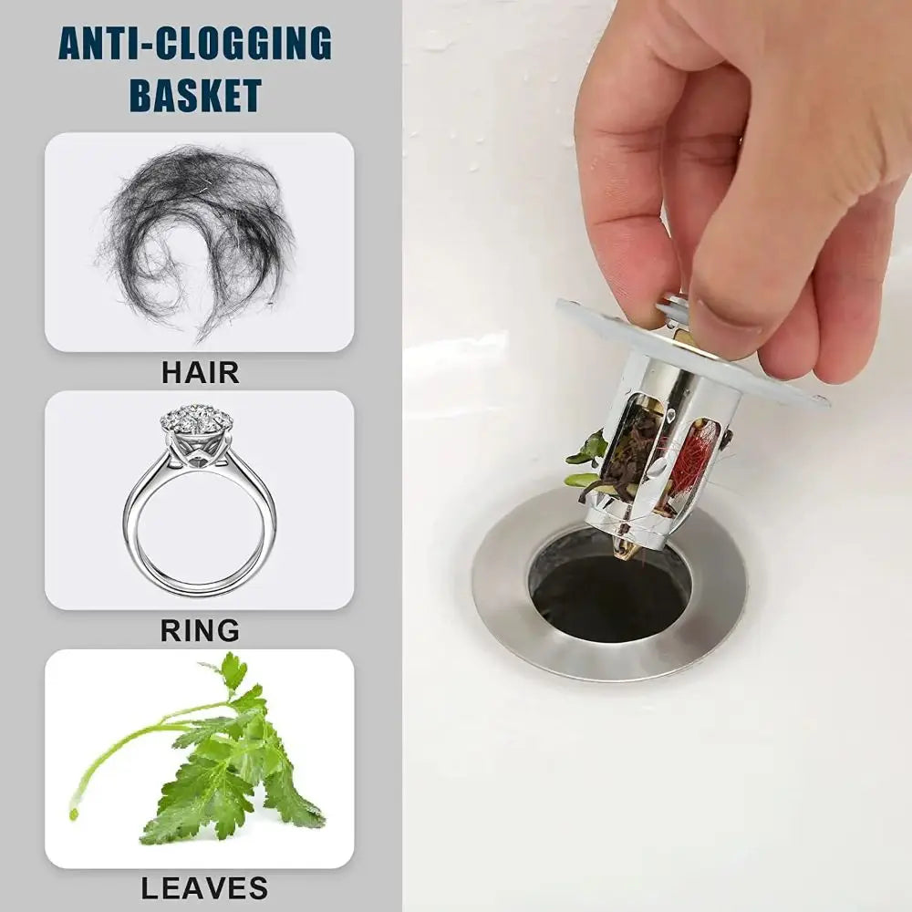 Metal Wash Basin Bounce Drain Filter with Anti-clogging Basket Portable Sink Drain Stopper Sink Pop-Up Drain Plug Hair Catcher