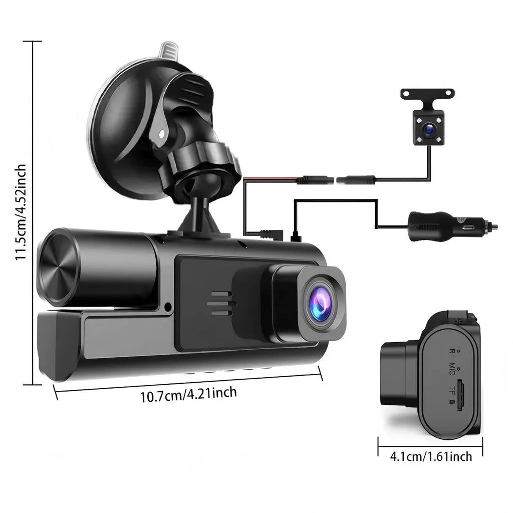 Three-Camera Dash Cam (Front/Interior/Rear), 1080p In-Car Camera, with Parking Mode, Universal Fit