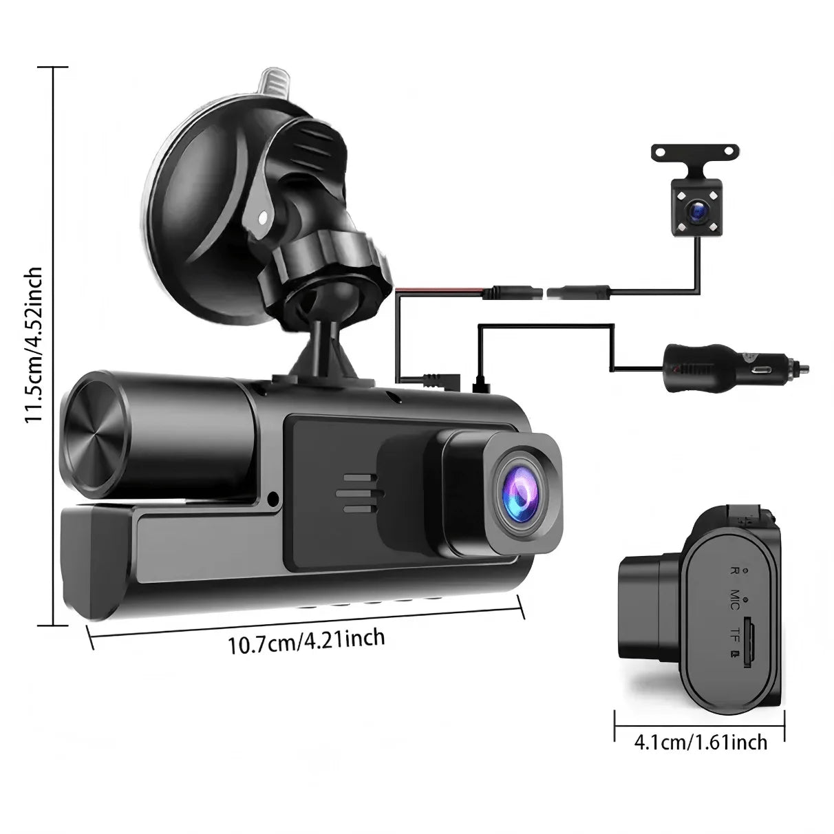 Three-Camera Dash Cam (Front/Interior/Rear), 1080p In-Car Camera, with Parking Mode, Universal Fit