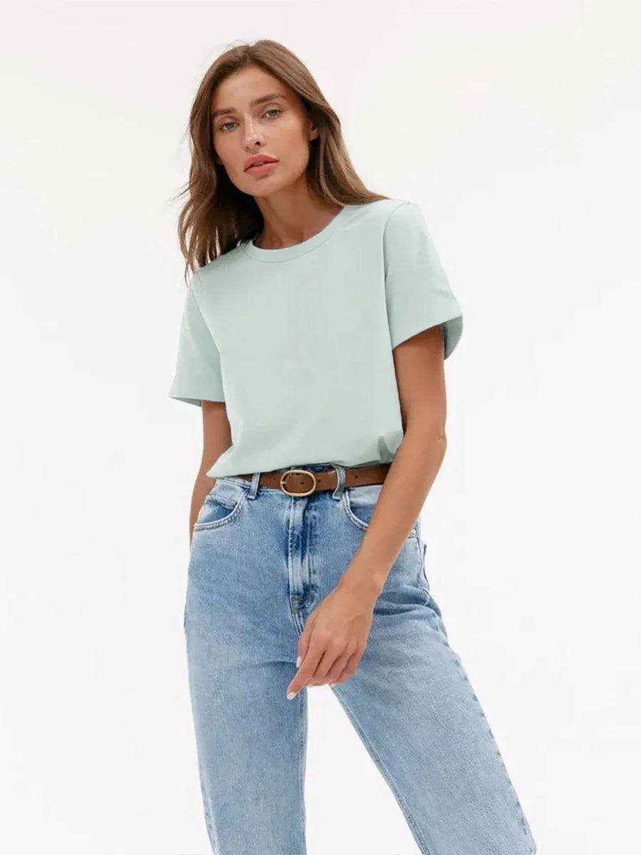 Wolfeel Summer 100% Cotton Women's T-shirt Bottoming Basic Fashionable Solid Lady Short Sleeve Loose Tops Shirts 230g/㎡ Tops