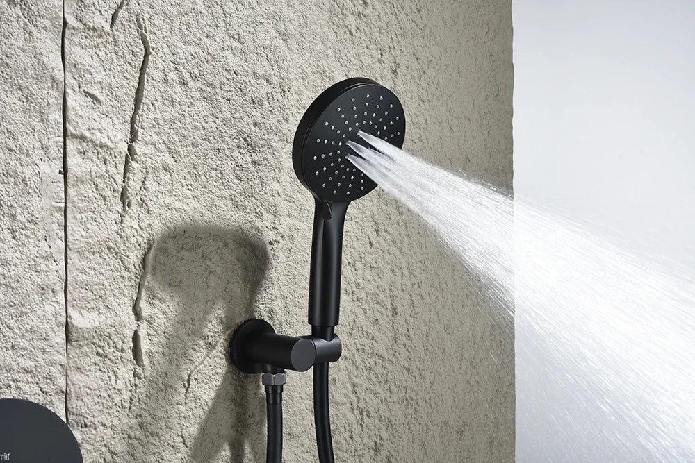 High End Matte Black Concealed Rain Shower System Modern Bathtub Thermostatic Shower Set 3 Modes Rainfall Bathroom Shower Faucet