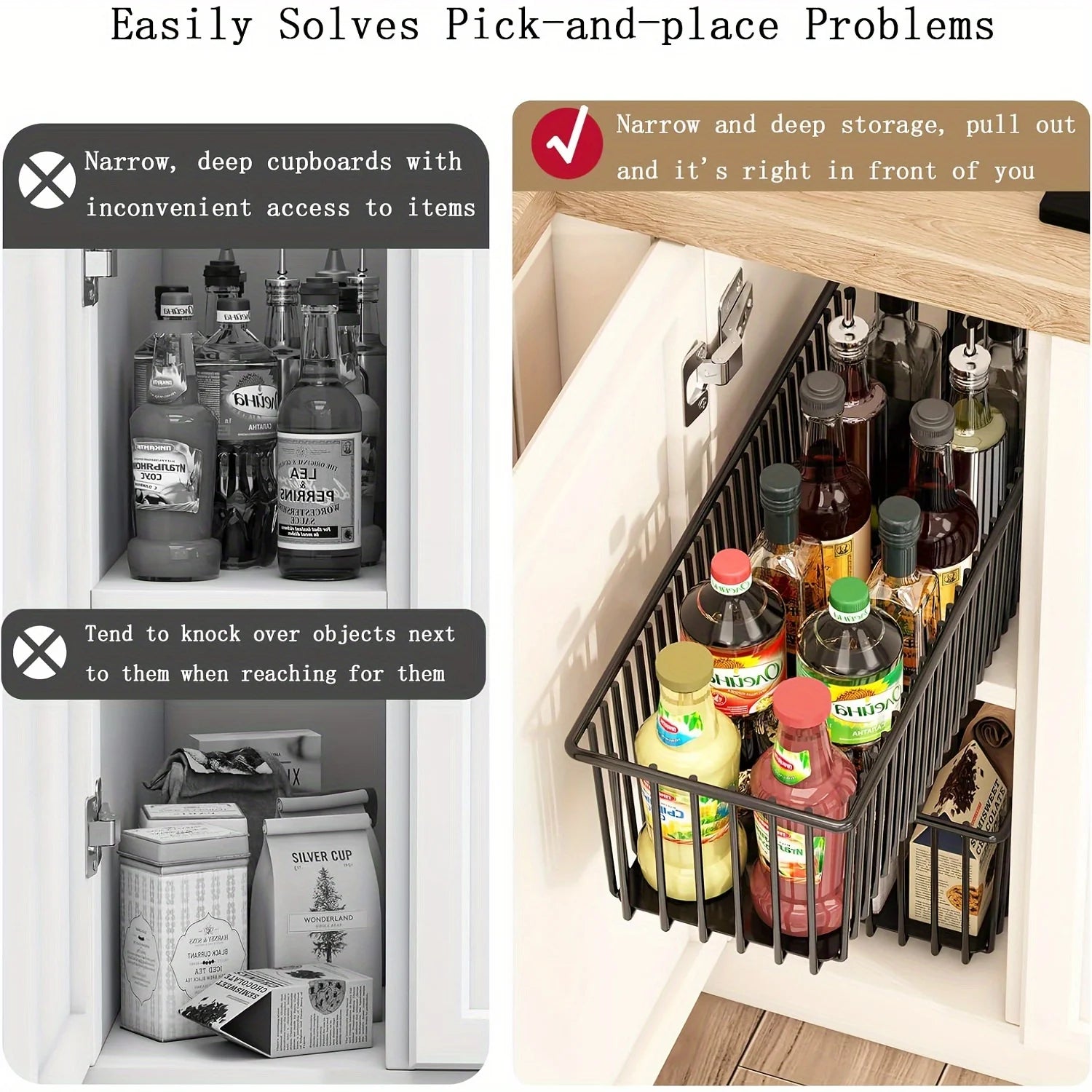 Pull Out Cabinet Organizer Slide Out Drawer Storage Shelves Cupboard Organiser Sliding Cabinet Basket for Kitchen No Drilling