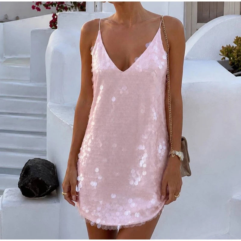 Beach Sequin Short Women Dress Loose Deep V-neck Sleeveless Backless Spaghetti Strap Sundress 2026 Summer Solid Glitter Dresses