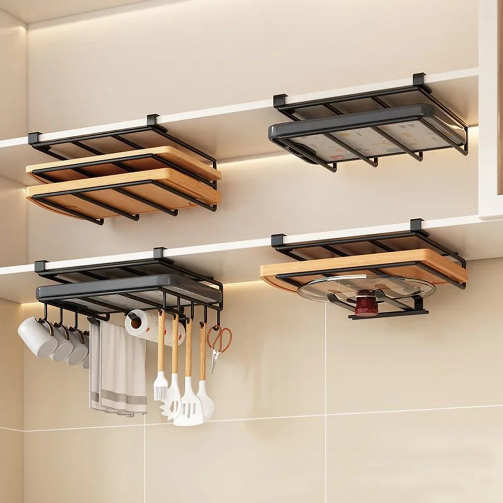 Under Cabinet Kitchen Organizer Rack Hooks Multi-Purpose Storage Shelf Portable Storage For Paper Towel Cutting Board Pot Lids