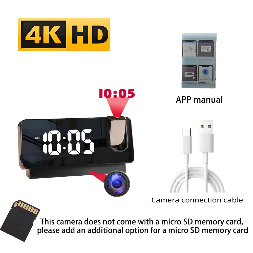 HD 4K Mini Projection Clock Camera Supports Motion Detection, WIFI Wireless Remote Viewing, Motion Detection, Home Camera