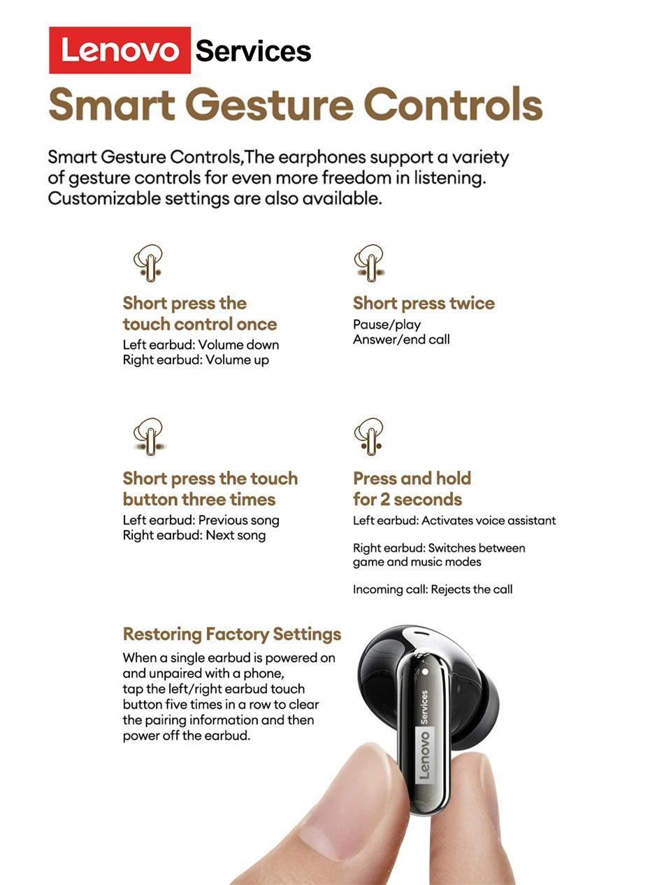 Lenovo LE208 TWS Bluetooth 6.0 Wireless Leather Earphones Stereo ENC Noise Cancelling Headphone 38ms Low Latency Gaming Headset