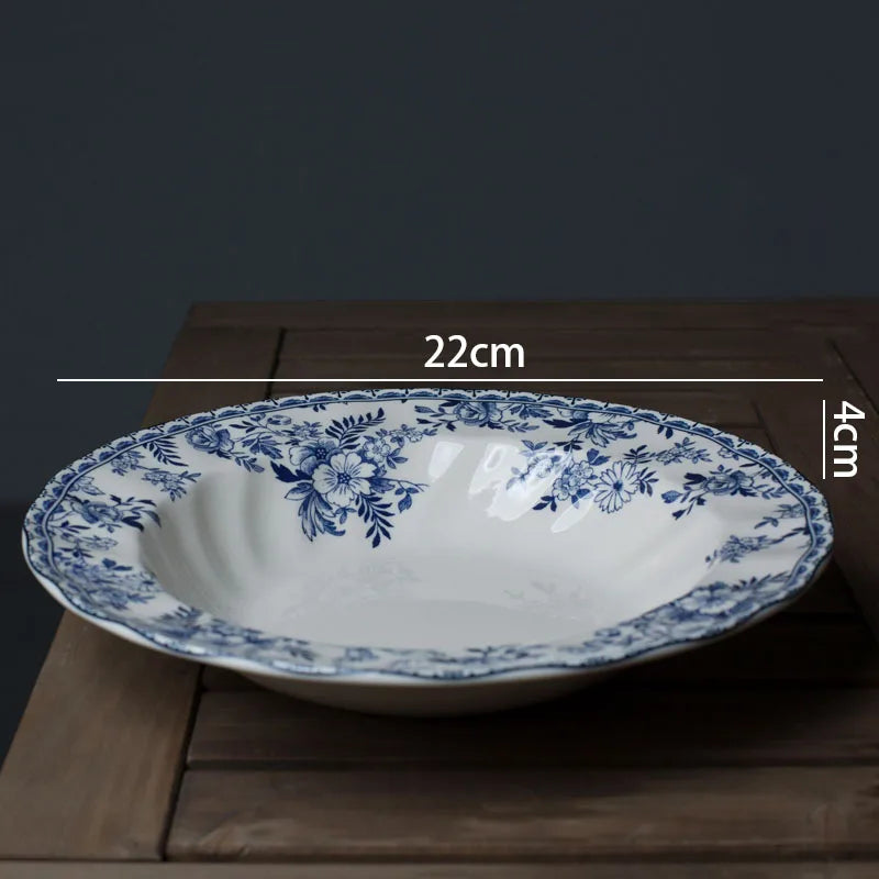 European Ceramic Dinner Plate Set Blue and White Porcelain Decorative Breakfast Plates Retro Hand Painted Restaurant Steak Dish