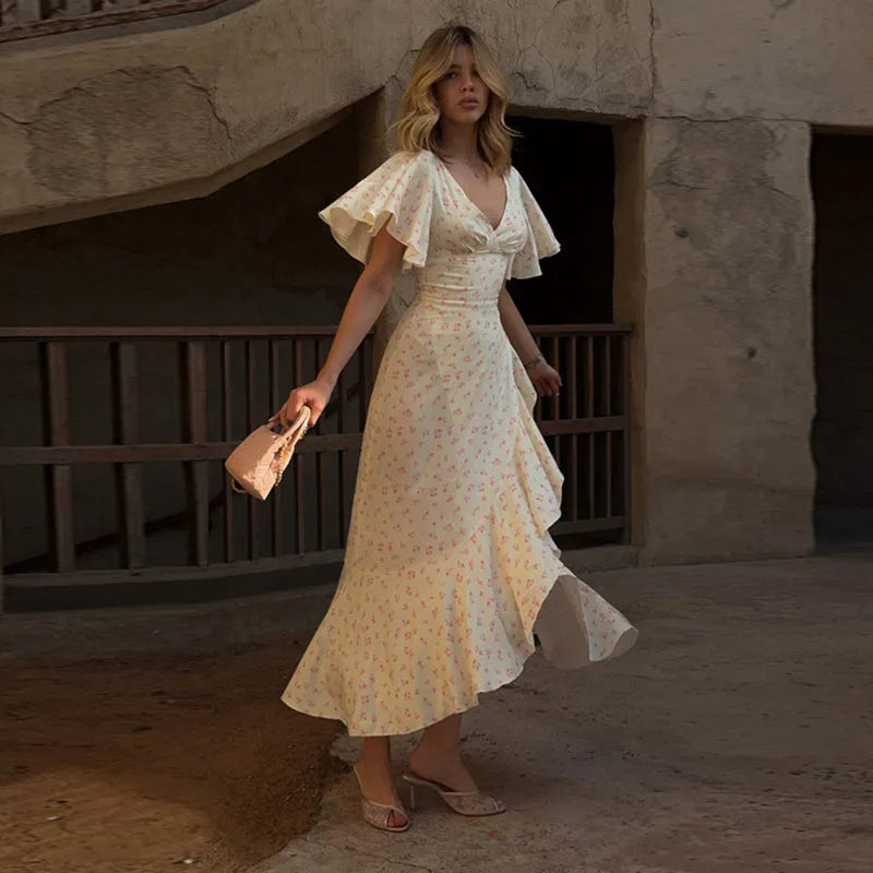 Elegant Print Women Long Dress Chic Ruffle Pleated Short Sleeve V-neck Waist-Closed Female Dresses 2026 Summer Beach Lady Robe