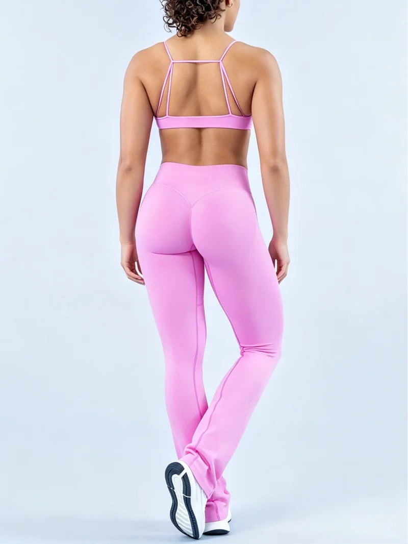 2Pcs Women Sports Yoga Set Halter Neck Sports Bra Flare Leggings Seamless Hip Lifting Quick Dry Gym Fitness Workout Activewear