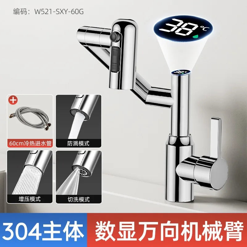 Stainless Steel Faucet Washbasin Bathroom Multi-functional Robotic Arm Universal Rotation for Hot and Cold Water Digital Display