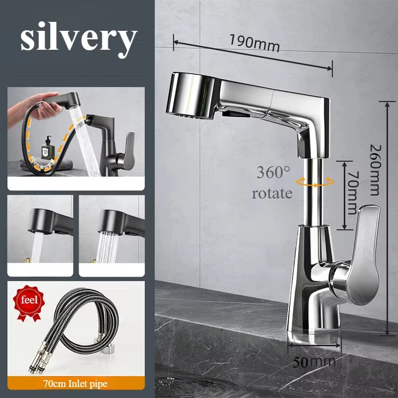 Basin Faucet Bathroom Pull Out Lift Mixer Tap Hot & Cold Water 360° Lift Up and Down Bathroom Sink Faucet