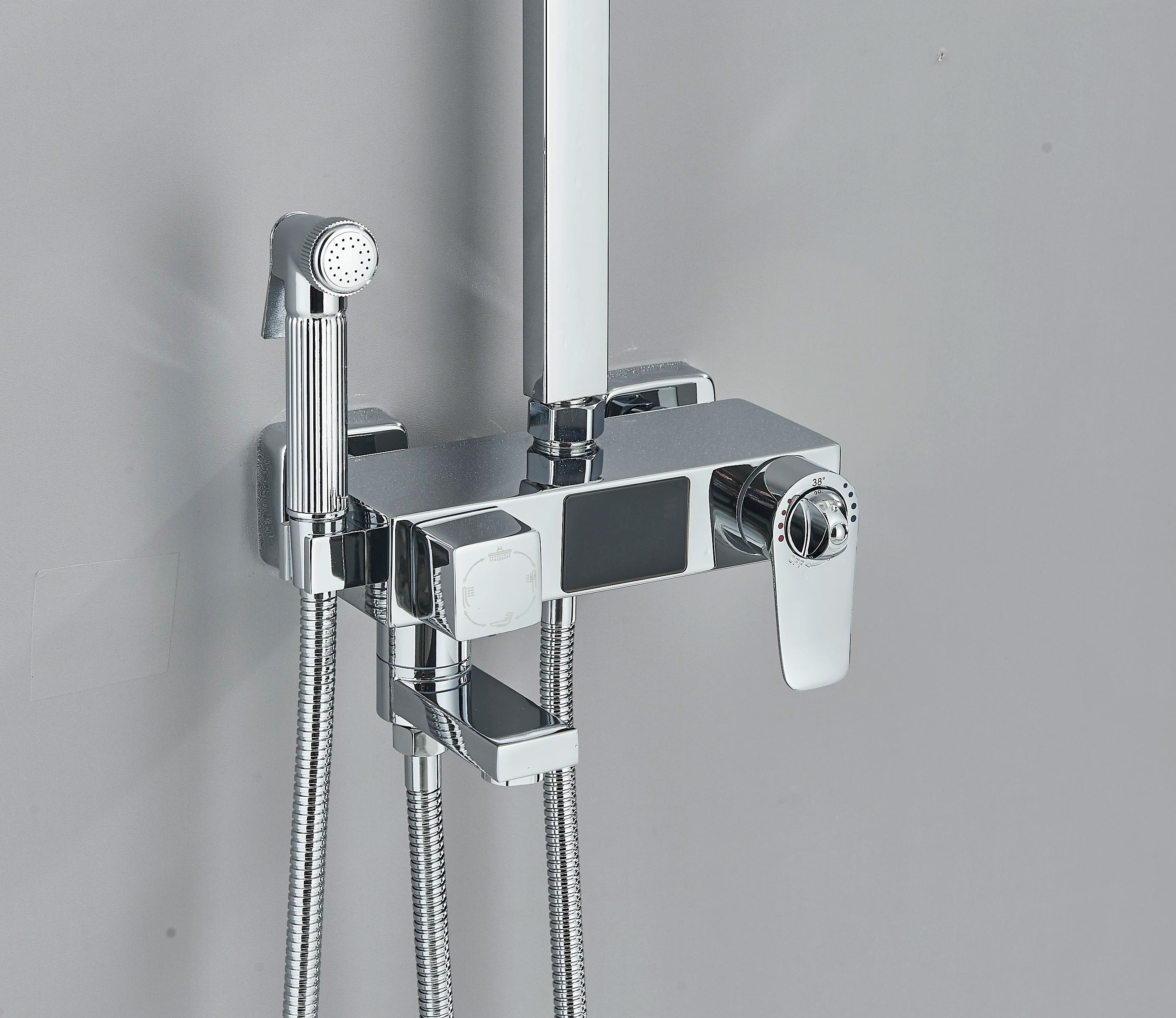 Chrome/Black Thermostat Shower Set Faucet 4 Ways Bathroom Faucet Rainfall Mixer Tap Digital Display Shower Set System Bathroom