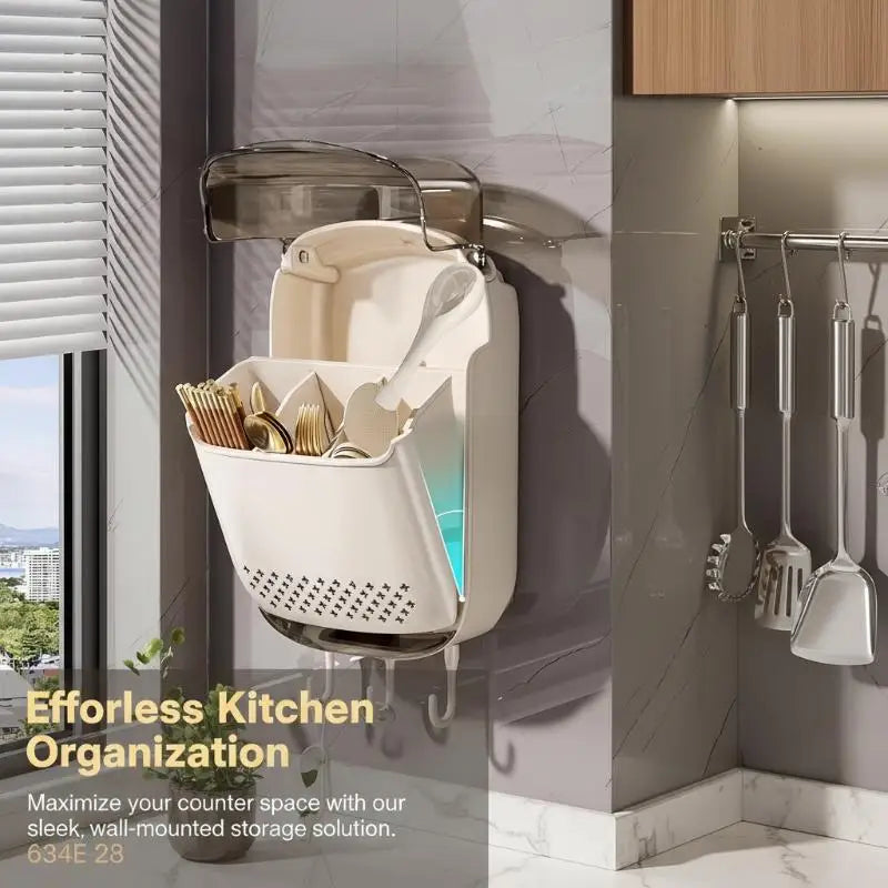 ㉤Kitchen Utensil Organizer Wall Mounted Cutlery Holder Kitchen Wall-mounted Shelf Organizer With Dustproof Cover For Tableware