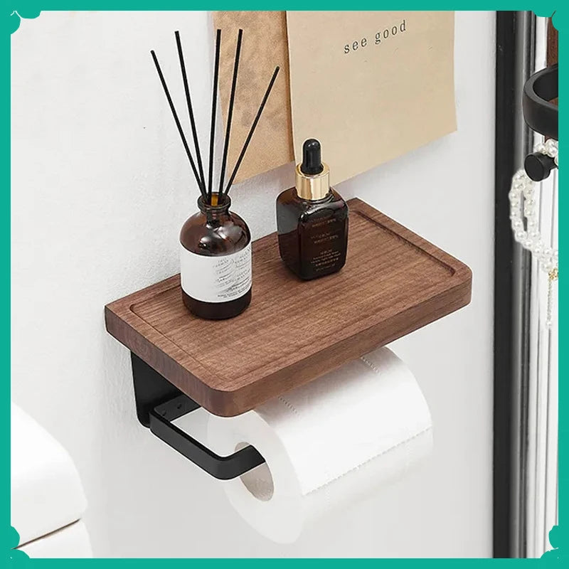 Wooden Toilet Paper Holder With Shelf Wall Mount Rustproof Matte Black Toilet Paper Holder Wall Mount Toilet Paper Roll Holder