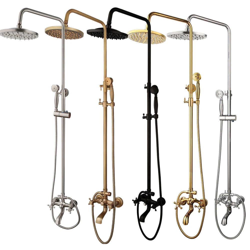ZAPPO Antique Shower Set Wall Bathroom Bath Shower Faucet Rainfall Brass Shower System with Swivel Spout Mixer Tap Sliding Bar