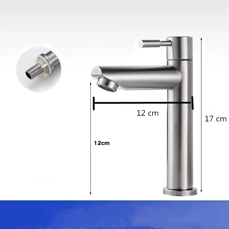 Basin Faucet 304 Stainless Steel Single Cold Water Tap Black Silver Color Deck Mounted Lengthening and Raising Basin Sink Tap