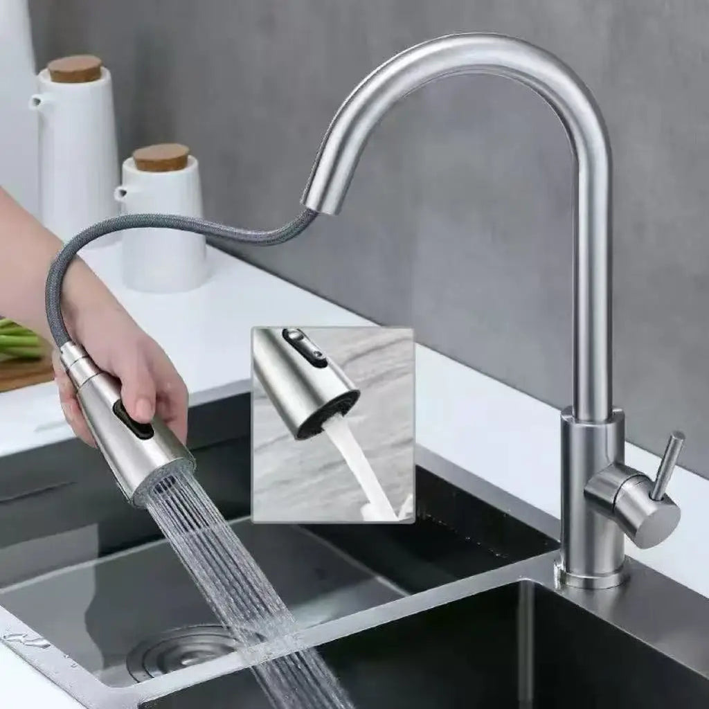Stainless steel kitchen faucet single hole pull out spout kitchen sink mixer faucet flow spray head 360 swivel cleaning faucet