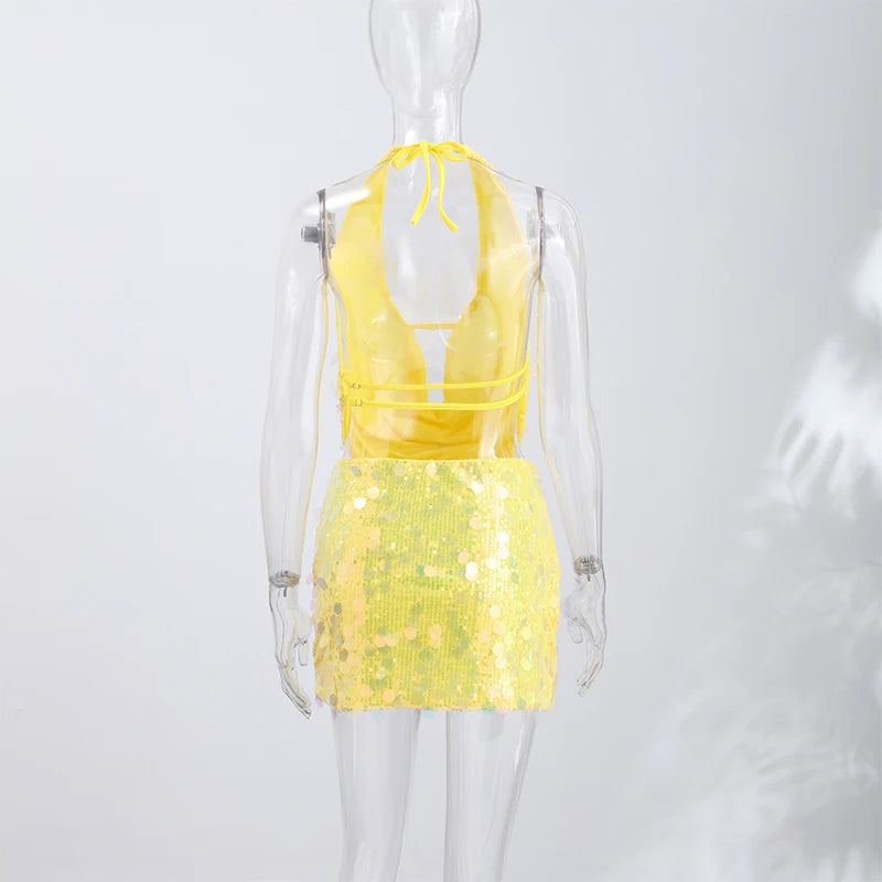 Sequins Halter Hollow Out Dress Women's Sexy Backless Sleeveless Contrast Color Mini Dresses 2026 Summer New Lady Beach Robes