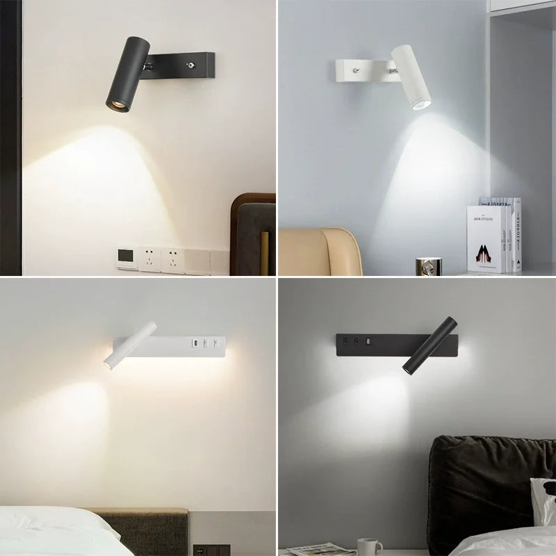 LED wall light with switch, rotatable USB reading spotlight, spotlighting, bedroom bedside hallway home decoration wall light