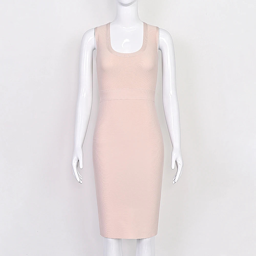 BEAUKEY Simple Bustier Plunge V Nude Bandage Dress Tank Sleeveless Evening Party Dress Party Birthday Vestidos Women Elegant
