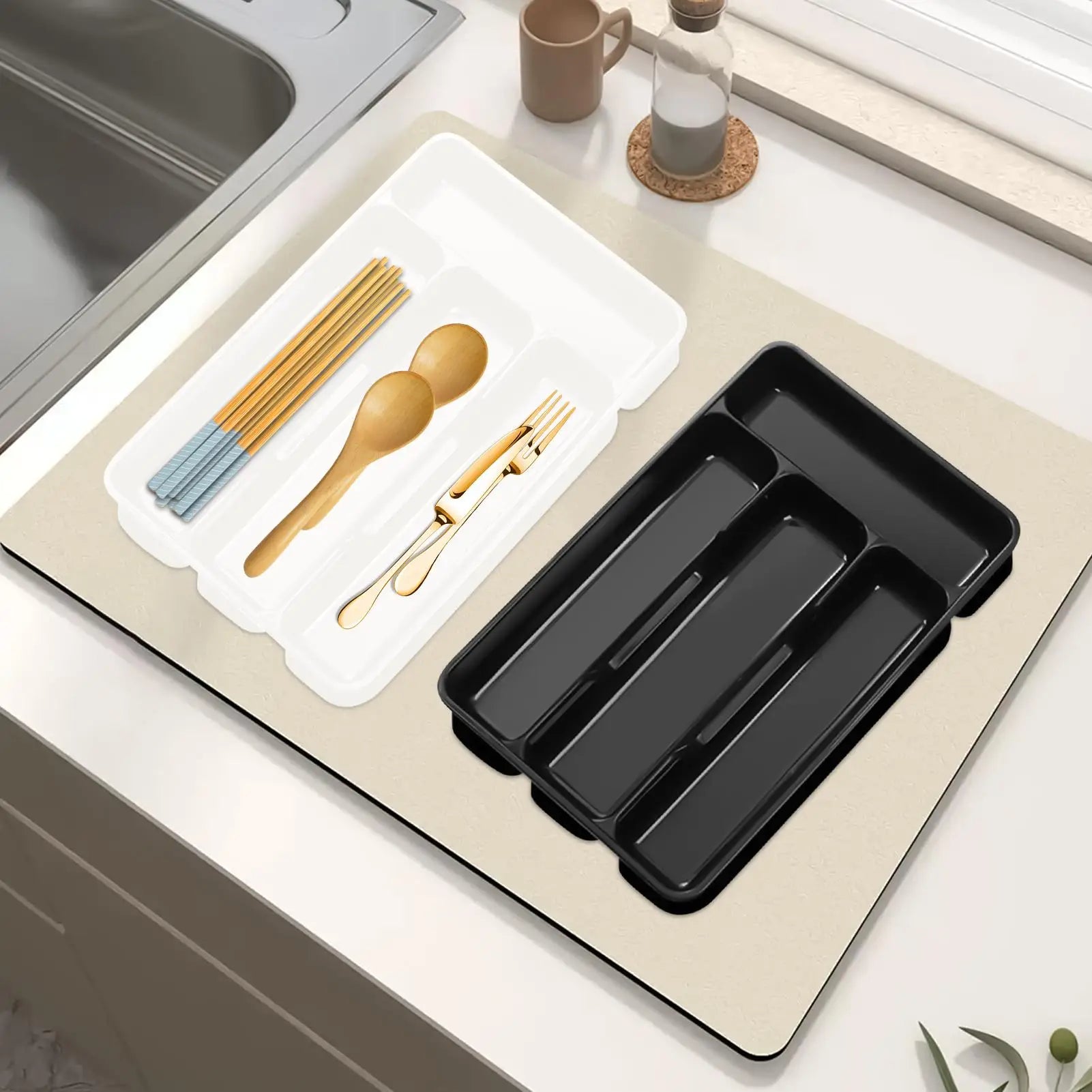 Compact Silverware Organizer with 4 Compartments Flatware Holder, Kitchen Cabinet Countertop Storage Solution Home College Use