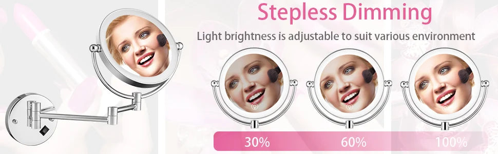 Brushed Gold LED Makeup Mirror with Brass Folding Bathroom Mirrors of 8 Inch 3X 5X Maynifying Makeup Mirror Dual Face LED Mirror
