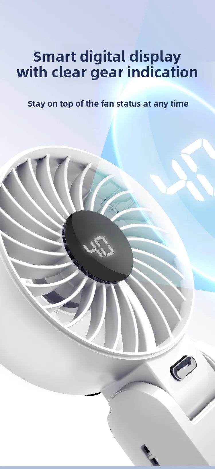 Foldable Handheld Fan with Digital Display, USB Rechargeable, Portable Mini Fan, Strong Airflow for Home and Travel