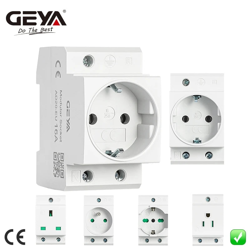 GEYA Din Rail Socket Modular Type AC Power Socket Plug EU/FR/US/UK/IT Standard 16A 220V AC Connector Grey AC30 Adapter Connector