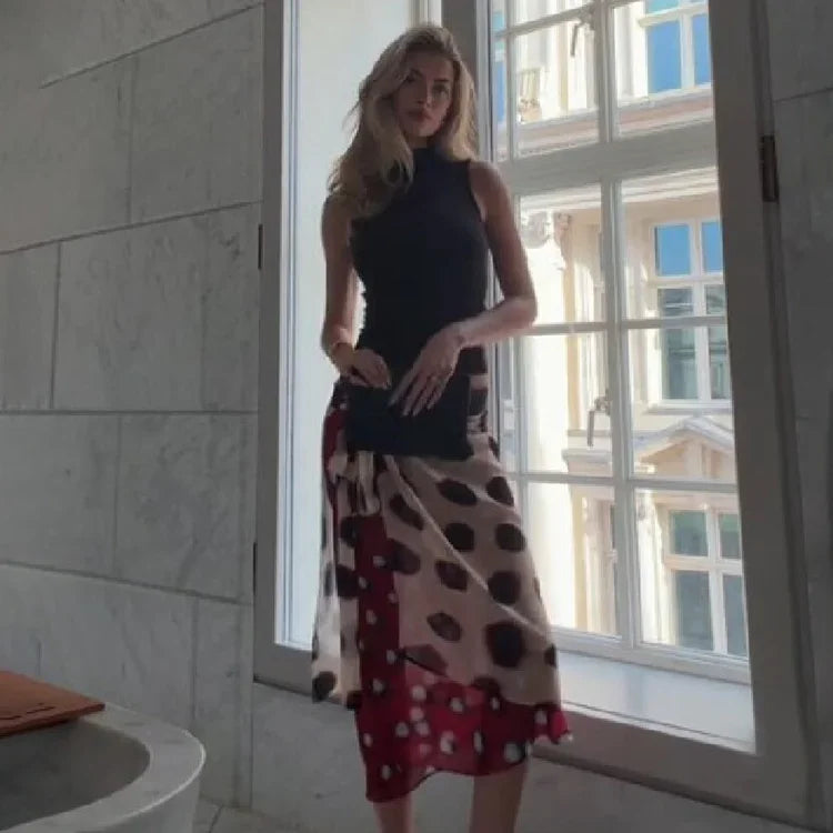 Bohemian Contrast Polka Dot Wrap Skirt Women Vintage Tie Waist Lace Up Chiffon Midi Skirts Coffee Dating Night Out Wear 2026 New