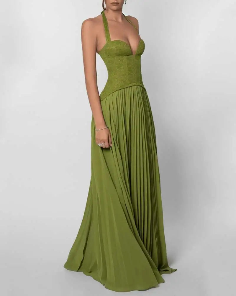 GACVGA Elegant Corset Halter Pleated Maxi Dress Women Back Lace-up Patchwork Slim Lady Gown Club Party Evening Long Dress