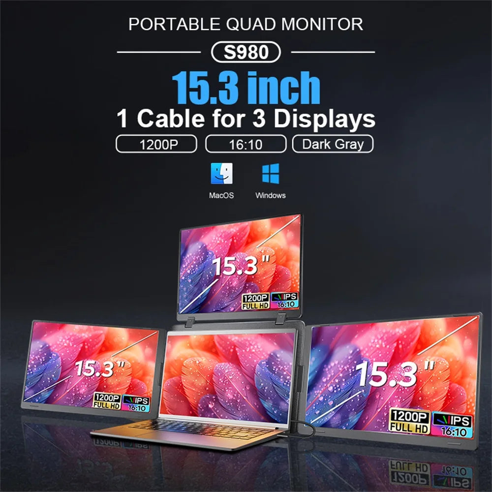 Rospider 15 inch Triple Screen Extender for Laptop HD IPS Quad Display MacBook Windows 12 to 16 inch Portable Extended Monitor