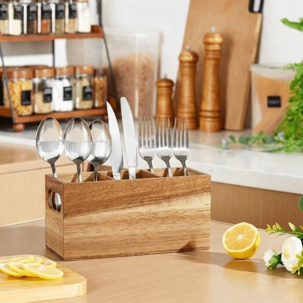 Kitchen Tools Wooden Utensil Organizer 3 Compartment Durable Storage Rack Space Saving Rustic Silverware Storage Box Countertop