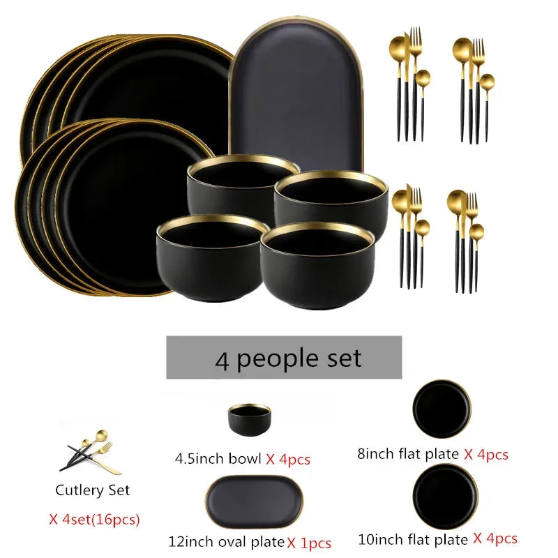 For1/ 4/6/8 Personal Black Porcelain Dinner Plates Set Ceramic Tableware Food Dishes Rice Salad Noodles Bowl Wiht Cutlery Set