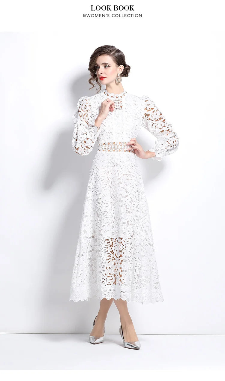 Solid Lace Holloe Out Slimming Elegant Dresses For Women Stand Collar Long Sleeve High Waist Minimalist Dress Female Fashion