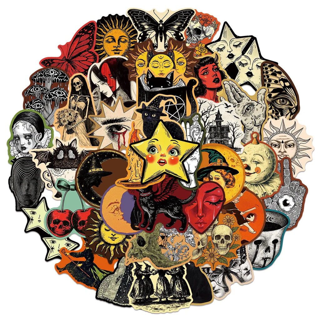 50Pcs Occult Celestial Creepy Stickers Gothic Moon Decals For Phone Scrapbook Suitcase Skateboard Guitar DIY Aesthetic Stickers
