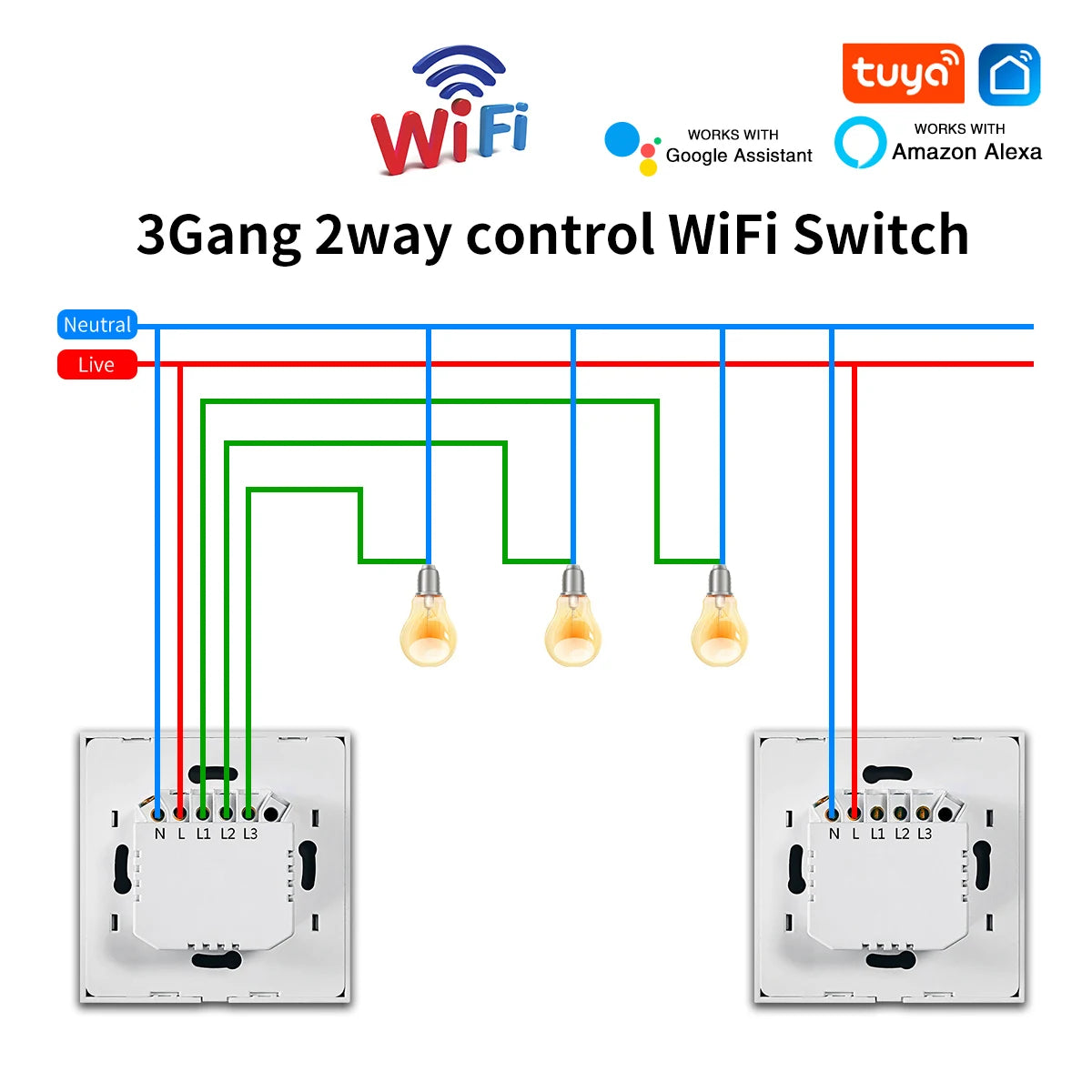 Wifi Smart  2way Switch 1gang 2gang 3gang Two Way Wall Touch Switch Voice and Smart Life TUYA APP Control For Stairs Corridors