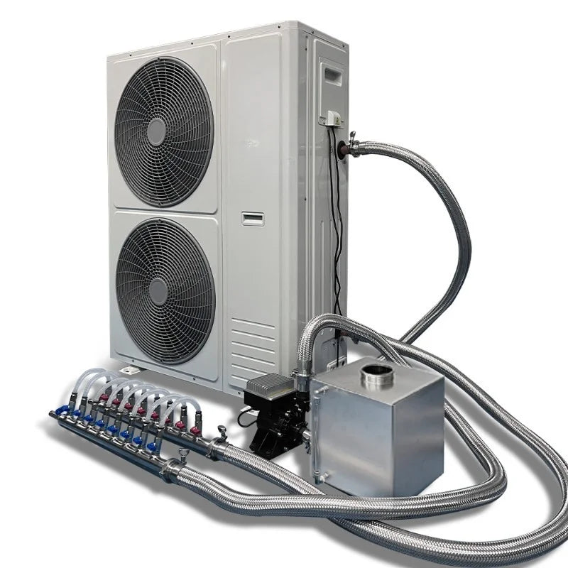 Outdoor air conditioning unit with dry cooler, automatic temperature control, adjustable fan speed, low noise