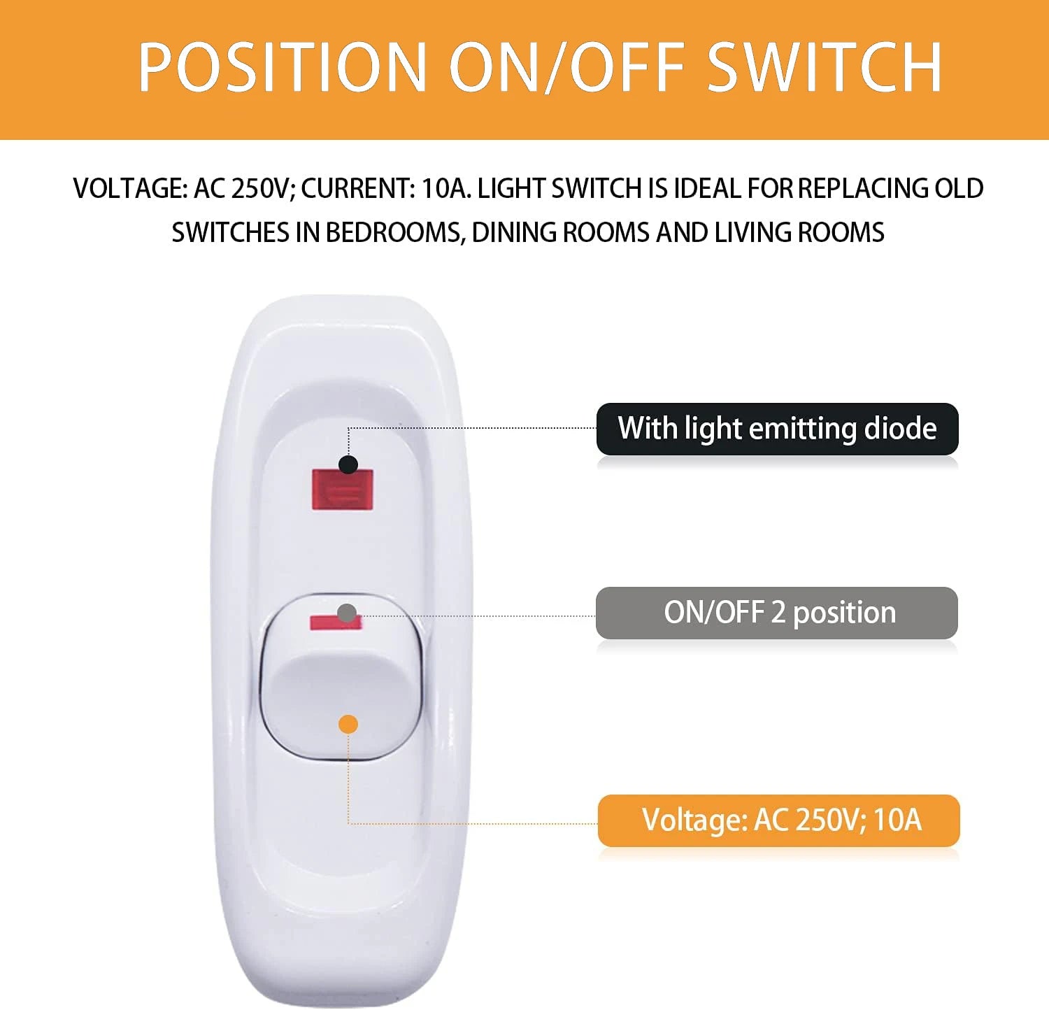 Appliance Inline Cord Switch Black/white AC 250V 10A Heavy Duty Thru Switch On Off Lamp Bulb Wall Line Control Switch