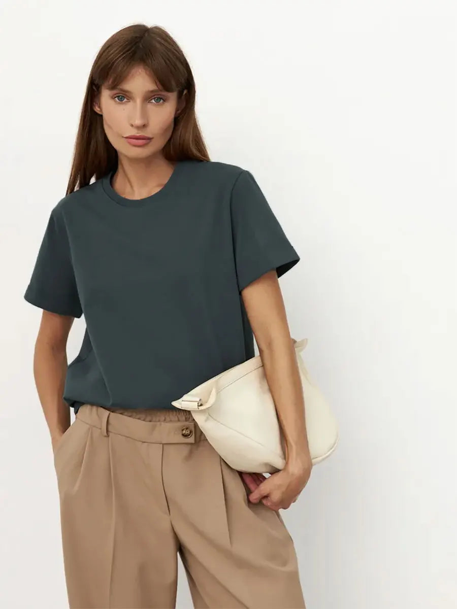 Cross border hot selling cotton T-shirt with round neck and short sleeves for European and American women loose basic top