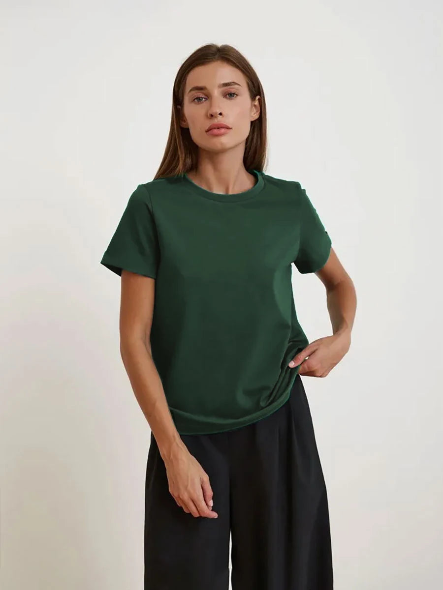 Cross border hot selling cotton T-shirt with round neck and short sleeves for European and American women loose basic top
