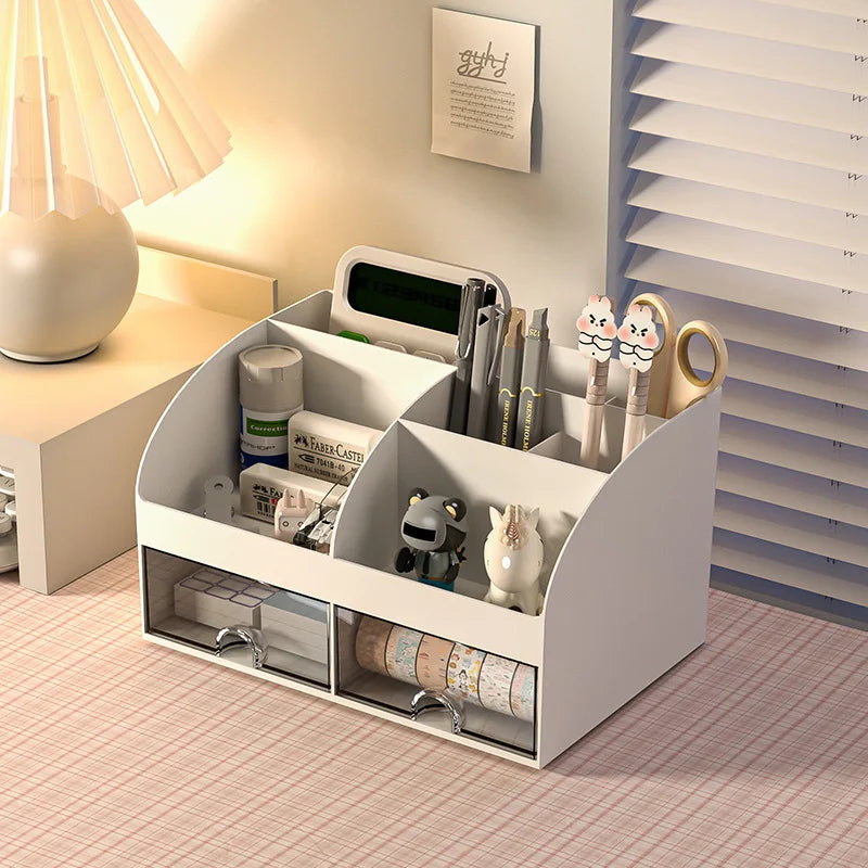 Desk Organizer with 2 Drawers, Multi-Compartment Plastic Desktop Storage Box for Stationery, Makeup & Office Supplies