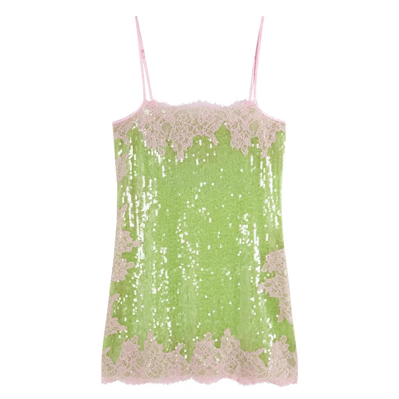 Sequin Lace Trim Patchwork Dress Women Chic Sleeveless High Waist Suspenders Sling Short Dresses 2026 Sexy Party Club Outfits