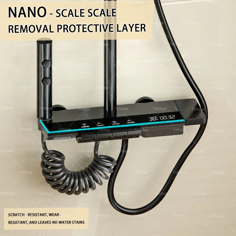 Gun Grey Bathroom Shower Set Digital Display FourFunction Shower System Rainfall Pressurized Piano Key Shower Faucet Set