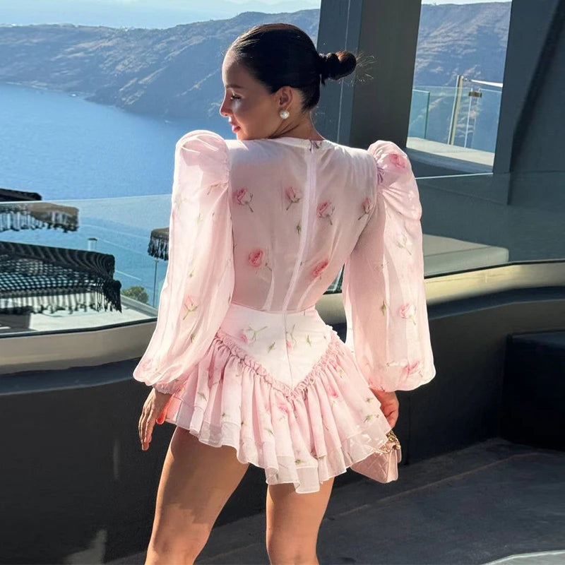 Elegant Floral Print Chiffon Dress Women's Backless Long Sleeve Ruffle Waist Cutout Tiered Dresses 2026 New Lady Party Wear