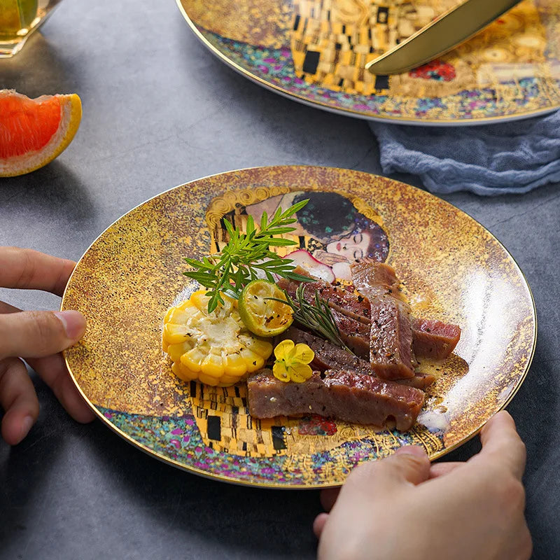 Klimt Kiss Bone China Dinning Plates Set Luxury Porcelain Plate for Dessert Steak Bread Cake Dish Home Party Tableware Gift